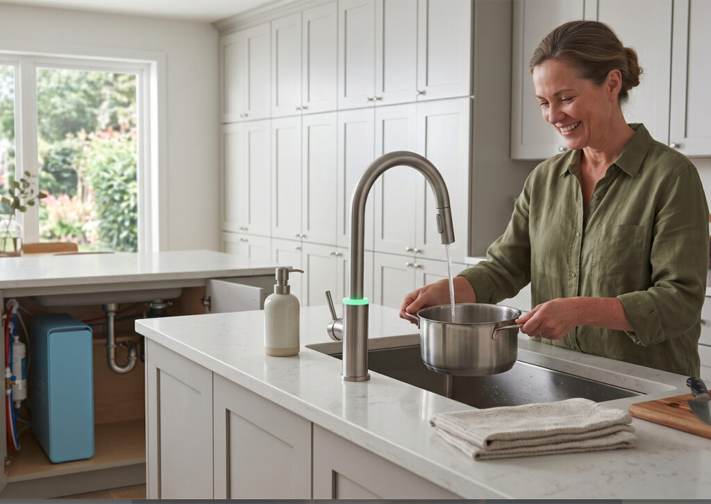 mujer llenando olla con agua osmosis inversa 800 gpd grifo led cocina