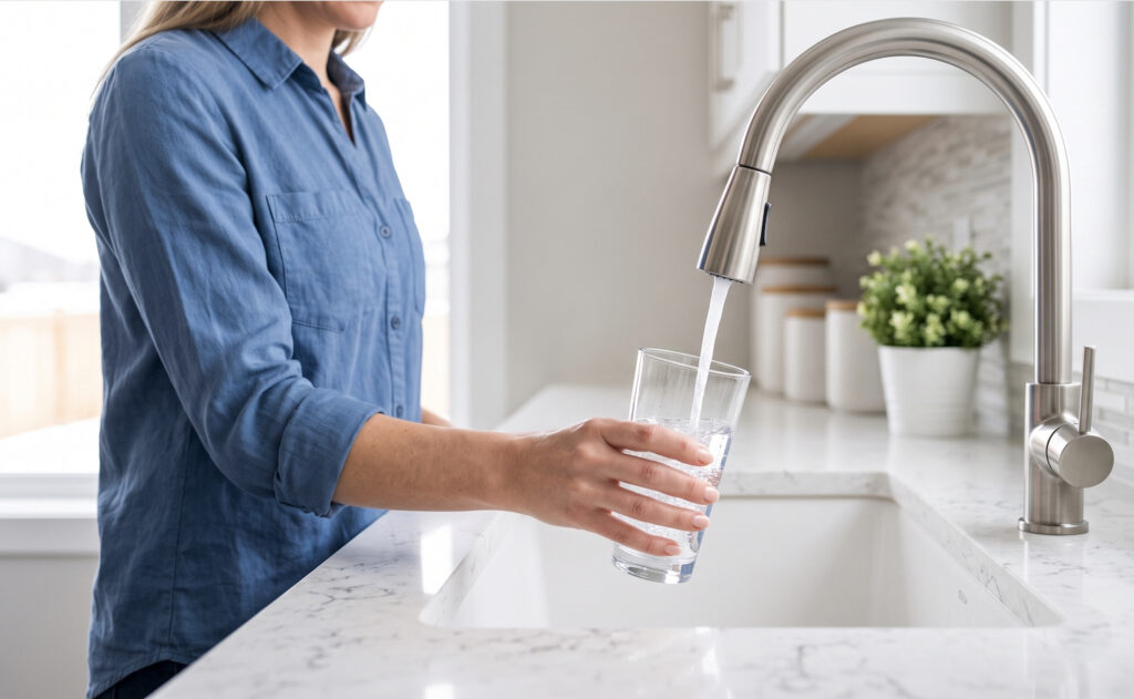 persona llenando vaso agua purificada grifo osmosis inversa cocina
