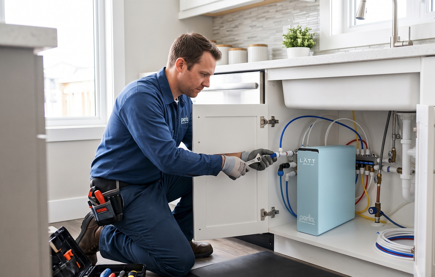 tecnico instalando osmosis inversa latt blue bajo fregadero barcelona