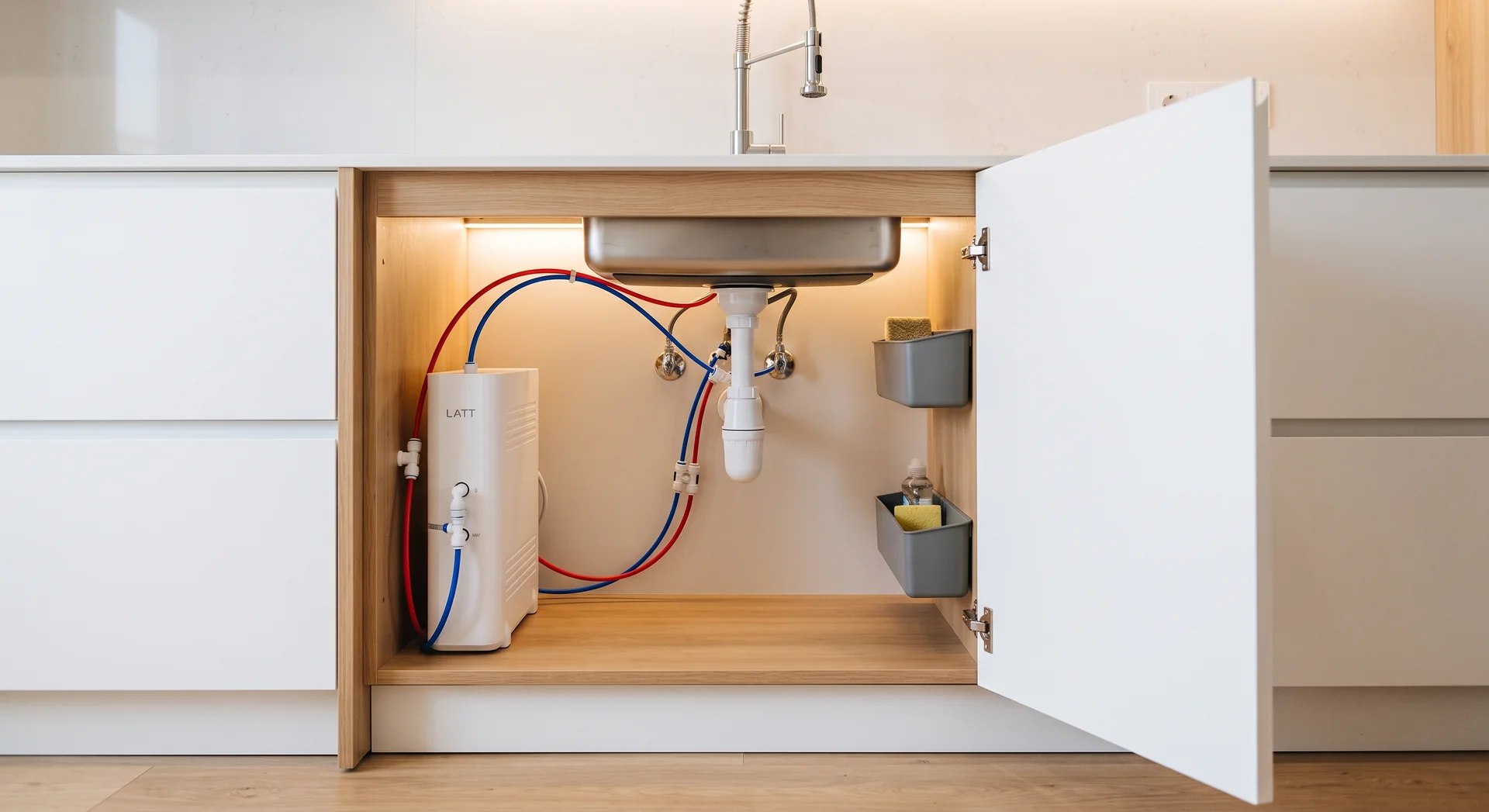 osmosis inversa latt instalada bajo fregadero cocina moderna madera tubos azul rojo