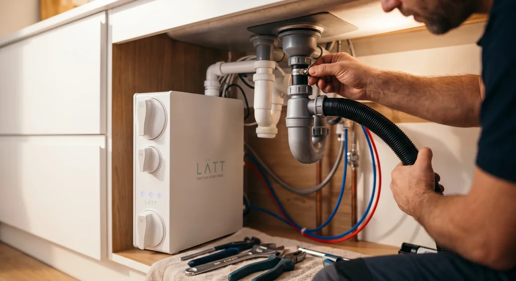 tecnico instalando osmosis inversa latt conectando desague sifon fregadero cocina