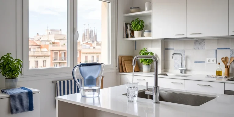 Jarra filtrante junto a un grifo de ósmosis inversa llenando un vaso en una cocina de Barcelona
