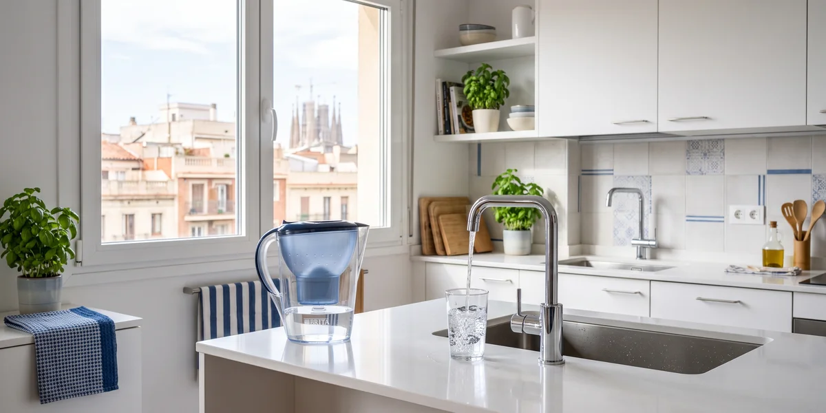 Jarra filtrante junto a un grifo de ósmosis inversa llenando un vaso en una cocina de Barcelona