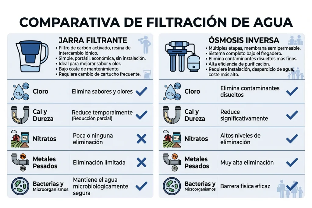 Infografía comparativa de jarra filtrante y ósmosis inversa: cloro, cal, nitratos, metales pesados y bacterias