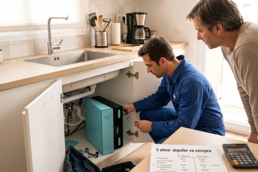 Técnico instalando una ósmosis LATT Blue bajo el fregadero y cuentas de alquiler frente a compra
