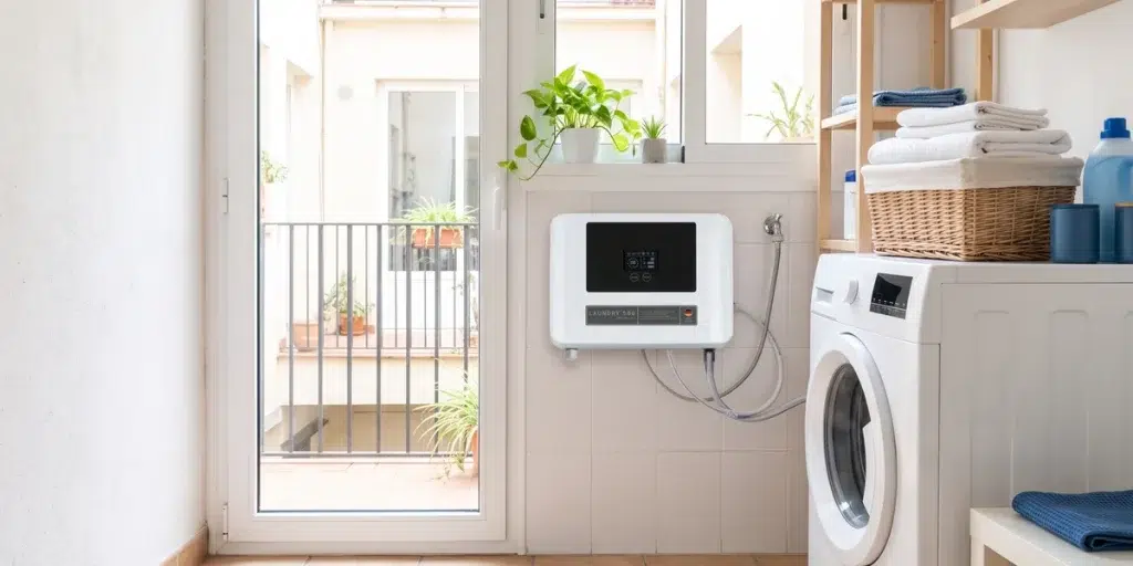 Lavadero con generador de ozono Laundry 500 de Ozonguard instalado junto a la lavadora