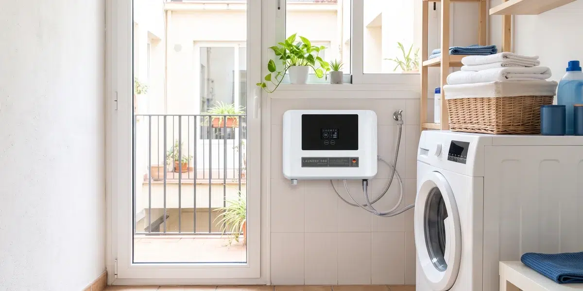 Lavadero con generador de ozono Laundry 500 de Ozonguard instalado junto a la lavadora