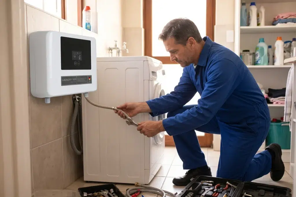 Técnico conectando el generador de ozono Laundry 500 a la toma de agua de la lavadora